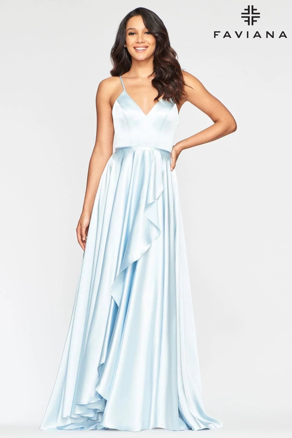 Charmeuse V Neckline Dress With Ruffle Front Slit