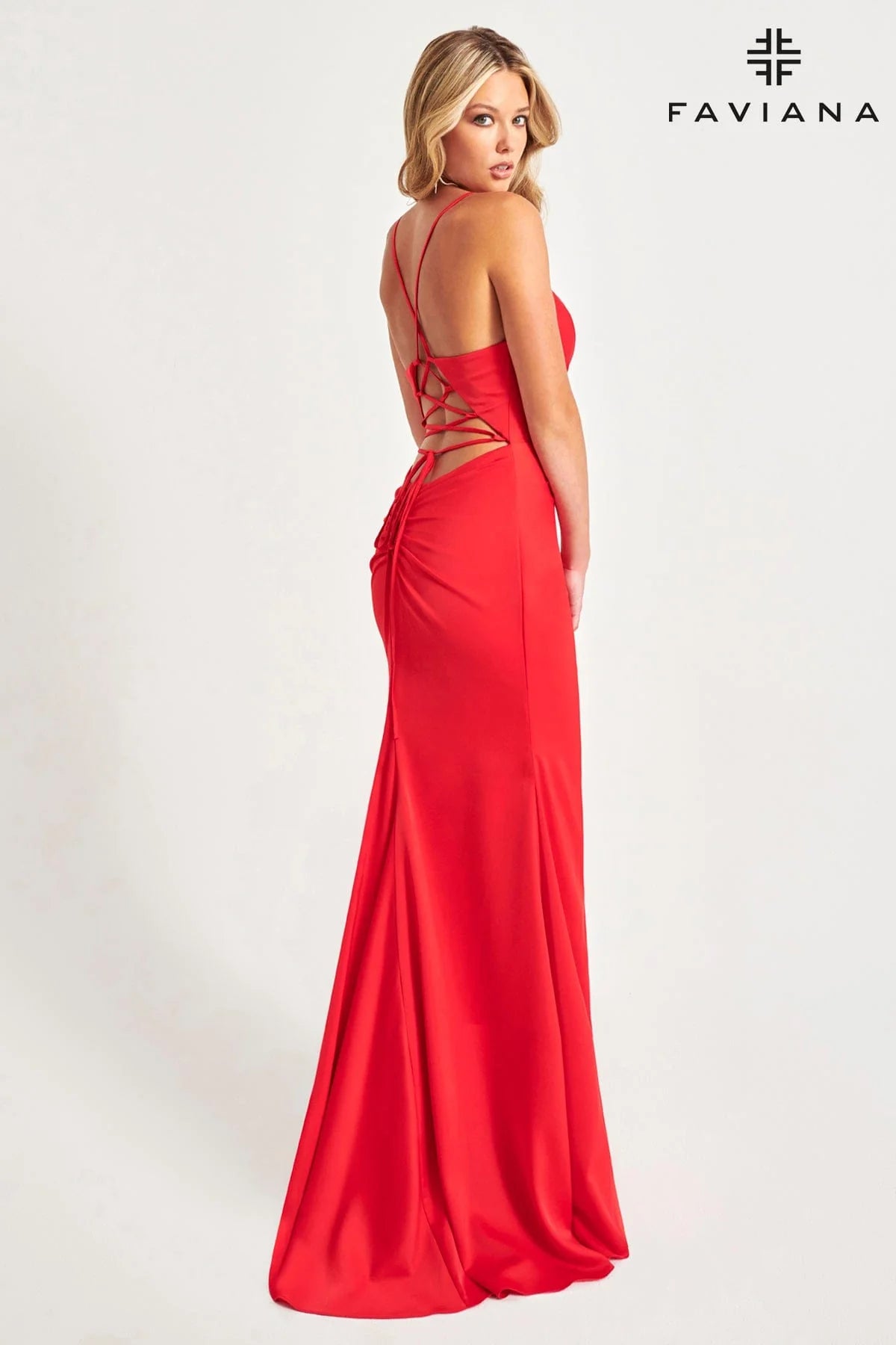 Matte Satin Long Dress With Crossover Pleating And Lace-Up Back | 11068