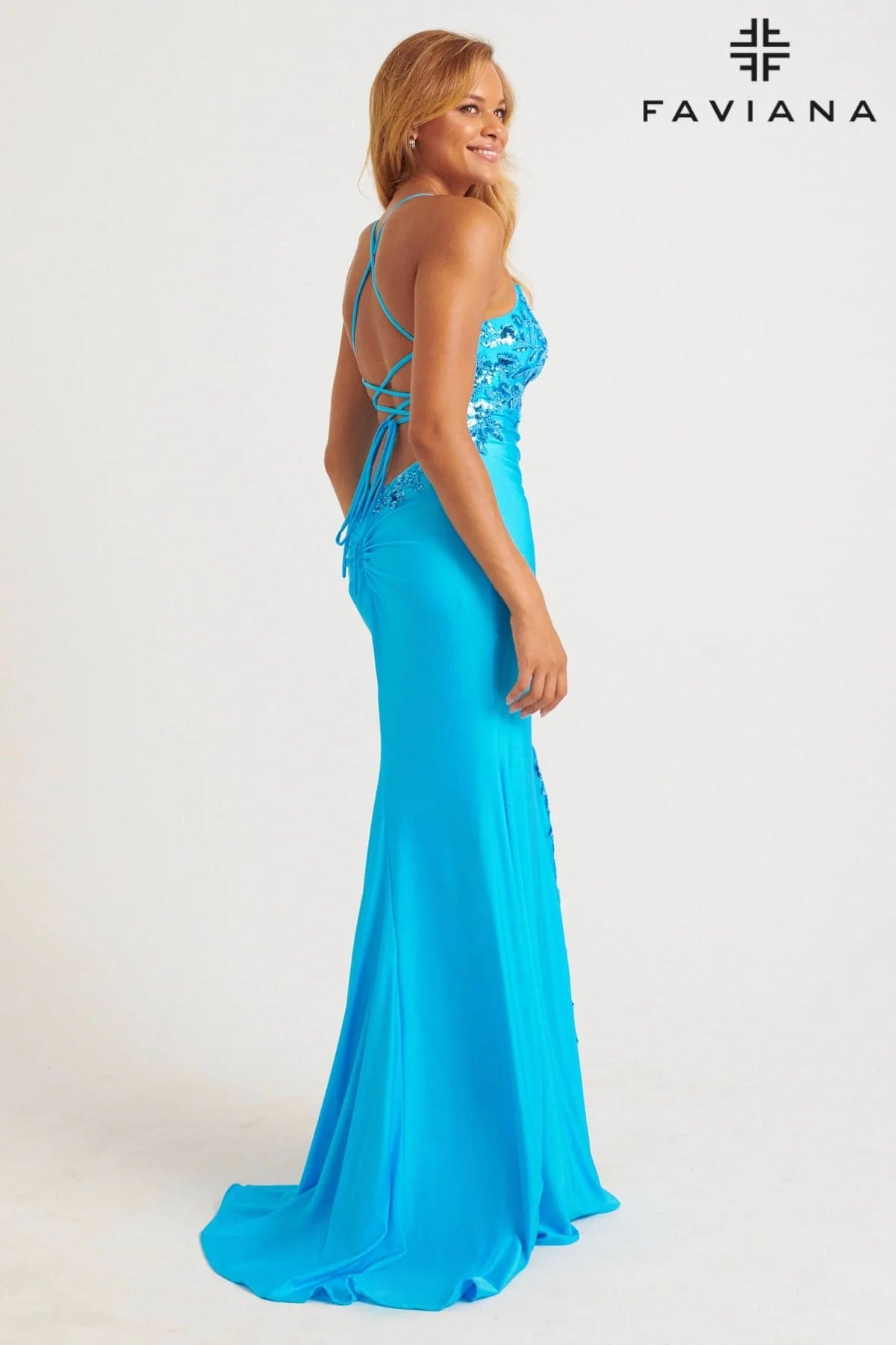 Scoop Neck Gown With Sequin Applique And Lace-Up Back | 11017