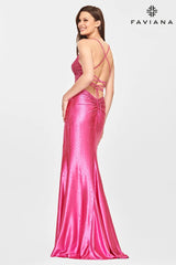 Hot Pink V Neck Prom Dress With Rhinestone Beading And Open Lace Back | S10801