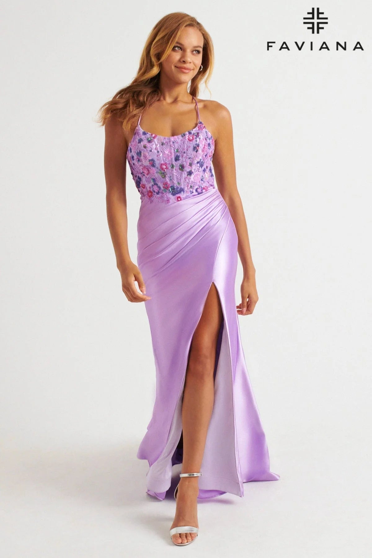 Lilac Scoop Neck Bodycon Satin Dress With Floral Beaded Appliqué Corset | 11252