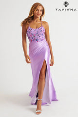 Scoop Neck Bodycon Satin Dress With Floral Beaded Appliqué Corset | 11252