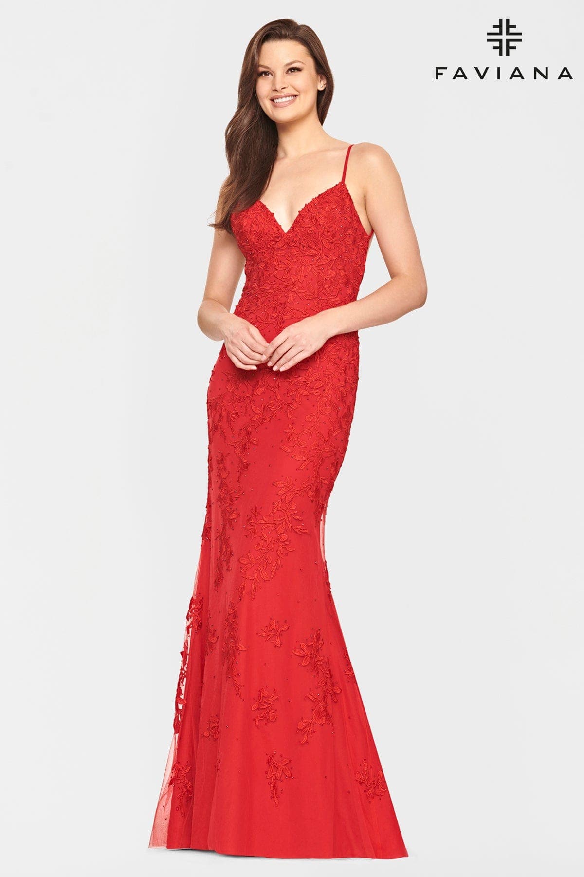 Red Lace Long Dress With V Neck And Lace Up Open Back | S10508