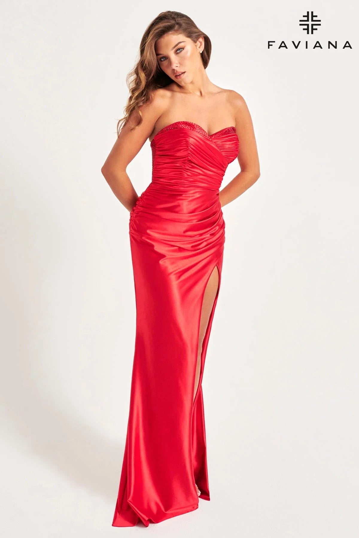 Fitted Satin Prom Dress With Peekaboo Hotfix Stones At Sweetheart Neckline | 11009