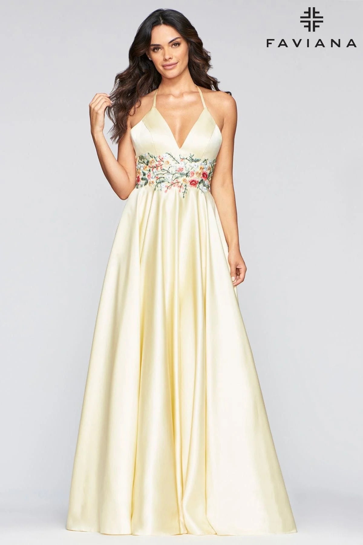 Long Satin Ball Gown With Floral Lace Embroidery