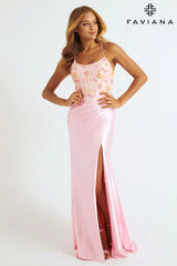 Pink Scoop Neck Bodycon Satin Dress With Floral Beaded Appliqué Corset | 11252