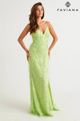 Celery Green V-Neck Dress With Silver Beaded Appliqué And Side Slit | 11084