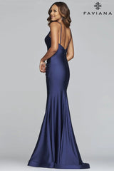 Long V-Neck Stretch Charmeuse Dress With Side Drape Front