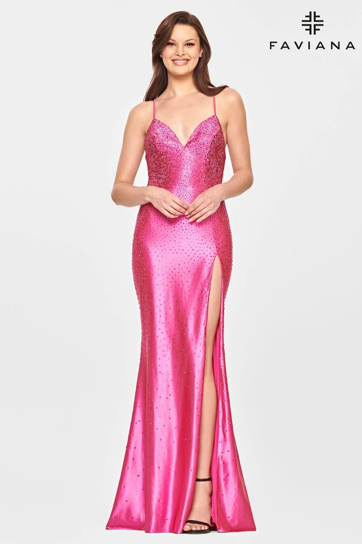 Hot Pink V Neck Prom Dress With Rhinestone Beading And Open Lace Back | S10801