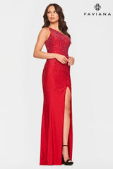 Beaded One Shoulder Long Dress With Strappy Back And Leg Slit | S10632