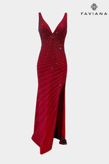 Long V Neck Dress With Beading Detail And Side Leg Slit