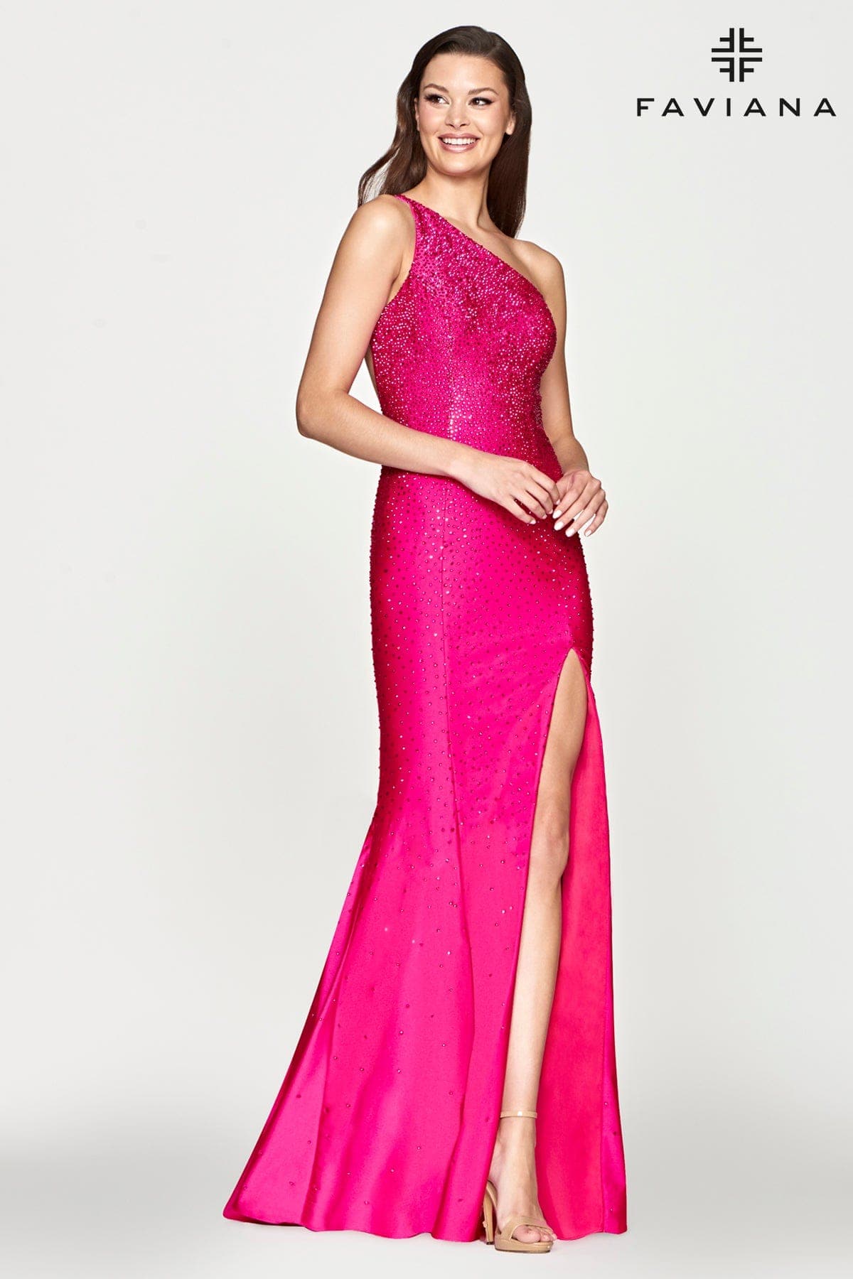 Beaded One Shoulder Long Dress With Strappy Back And Leg Slit | S10632