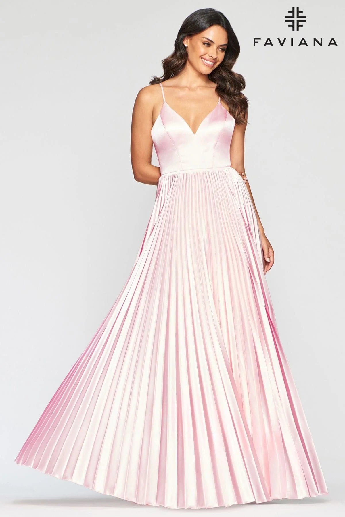 Long Charmeuse Prom Dress With Pleated Skirt And V Neckline