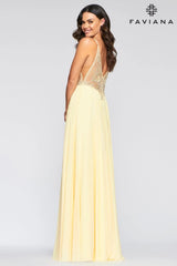 Long Chiffon Dress With V Neck And V Back