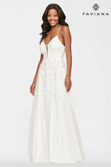 White Long Lace Deep V Neck Dress With Lace Up Back | S10640