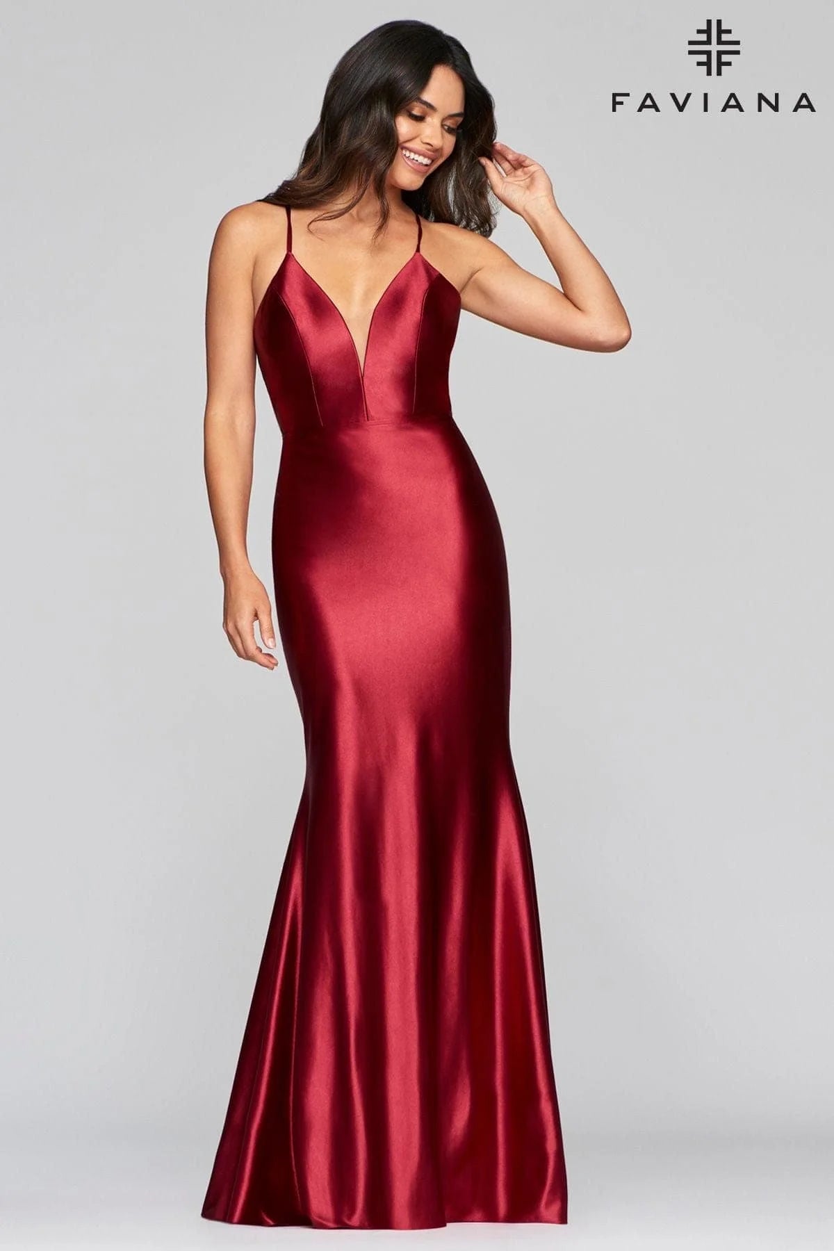 Stretch Satin Long Dress With Deep V Neck