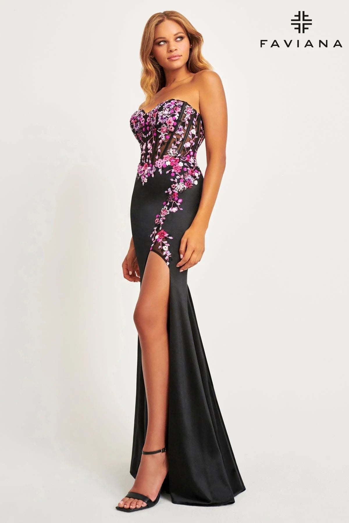 Fuchsia Sleek Strapless Corset Dress With Shark-Bite Slit And Floral Sequin Appliqué | 11029