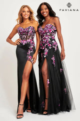 Fuchsia Sleek Strapless Corset Dress With Shark-Bite Slit And Floral Sequin Appliqué | 11029