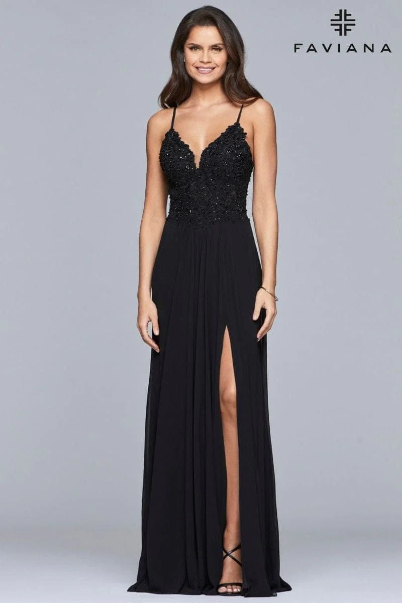 Long Chiffon Cold Shoulder Dress And Lace Applique Bodice