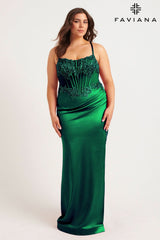 Emerald Green Plus Size Satin Corset Dress With Exposed Boning And Beading | 9592