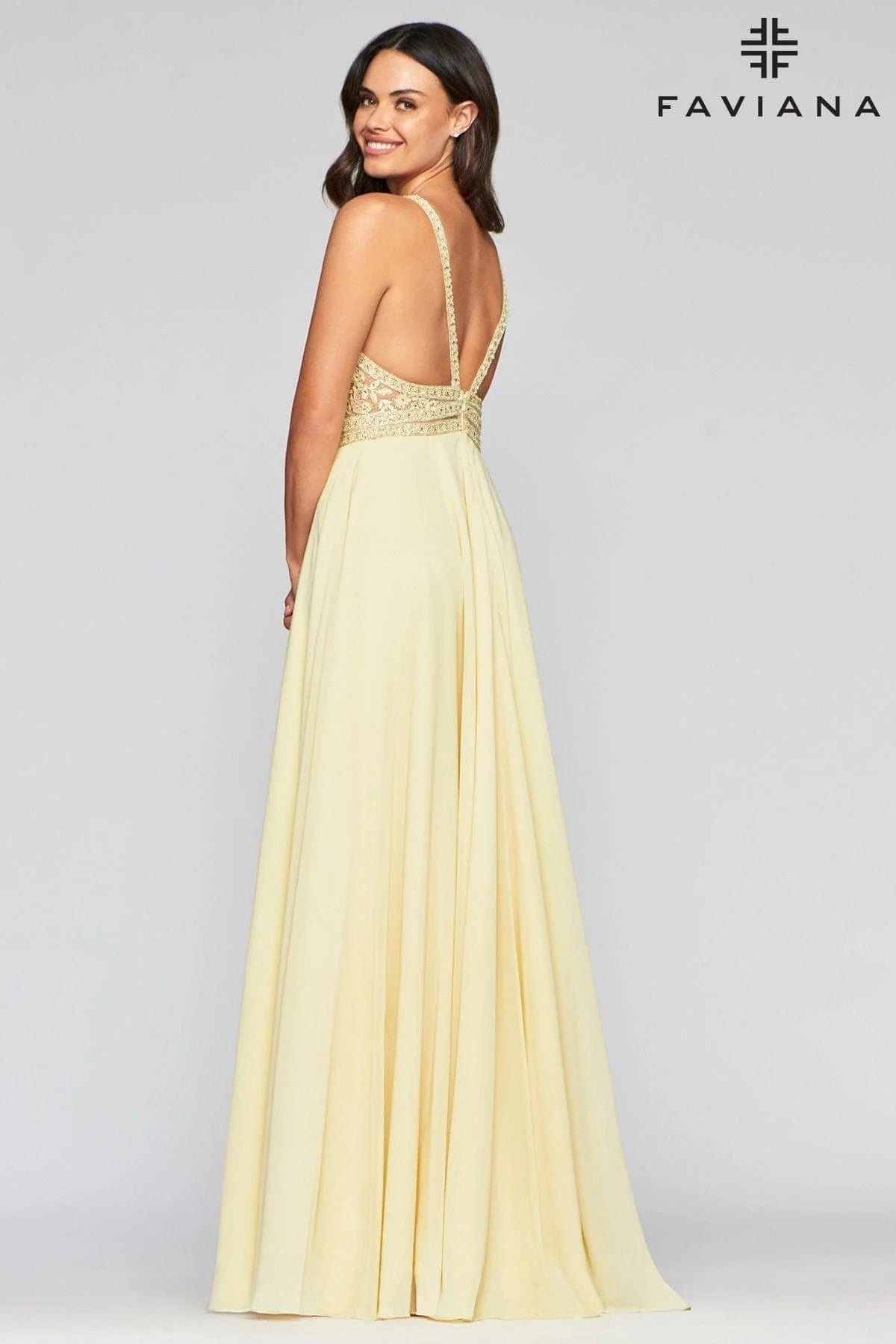 V Neckline Prom Dress With Chiffon Skirt And Mesh Paneling