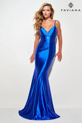 Shiny Satin Long Dress With Open Back And Beaded Lace Embellishment | 11007