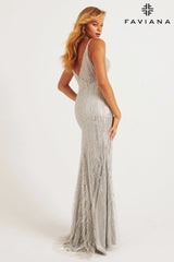 Dazzling Beaded V-Neck Evening Gown With V-Back | 11269