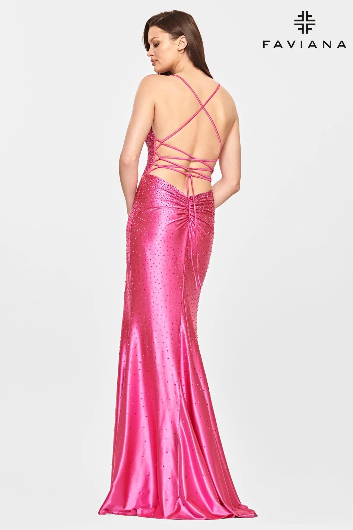 Hot Pink V Neck Prom Dress With Rhinestone Beading And Open Lace Back | S10801