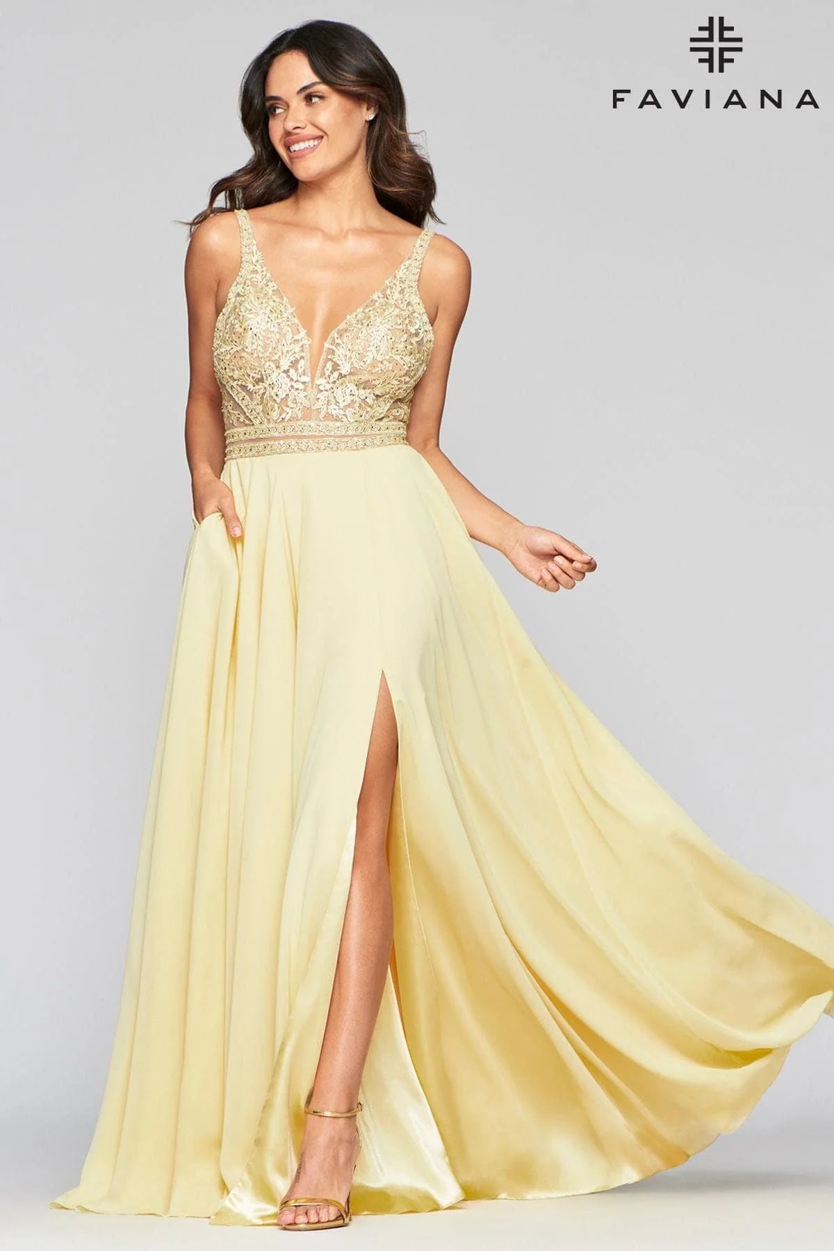 V Neckline Prom Dress With Chiffon Skirt And Mesh Paneling