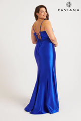 Plus Size Sleek Satin V-Neck Dress For Prom With Beading | 9562