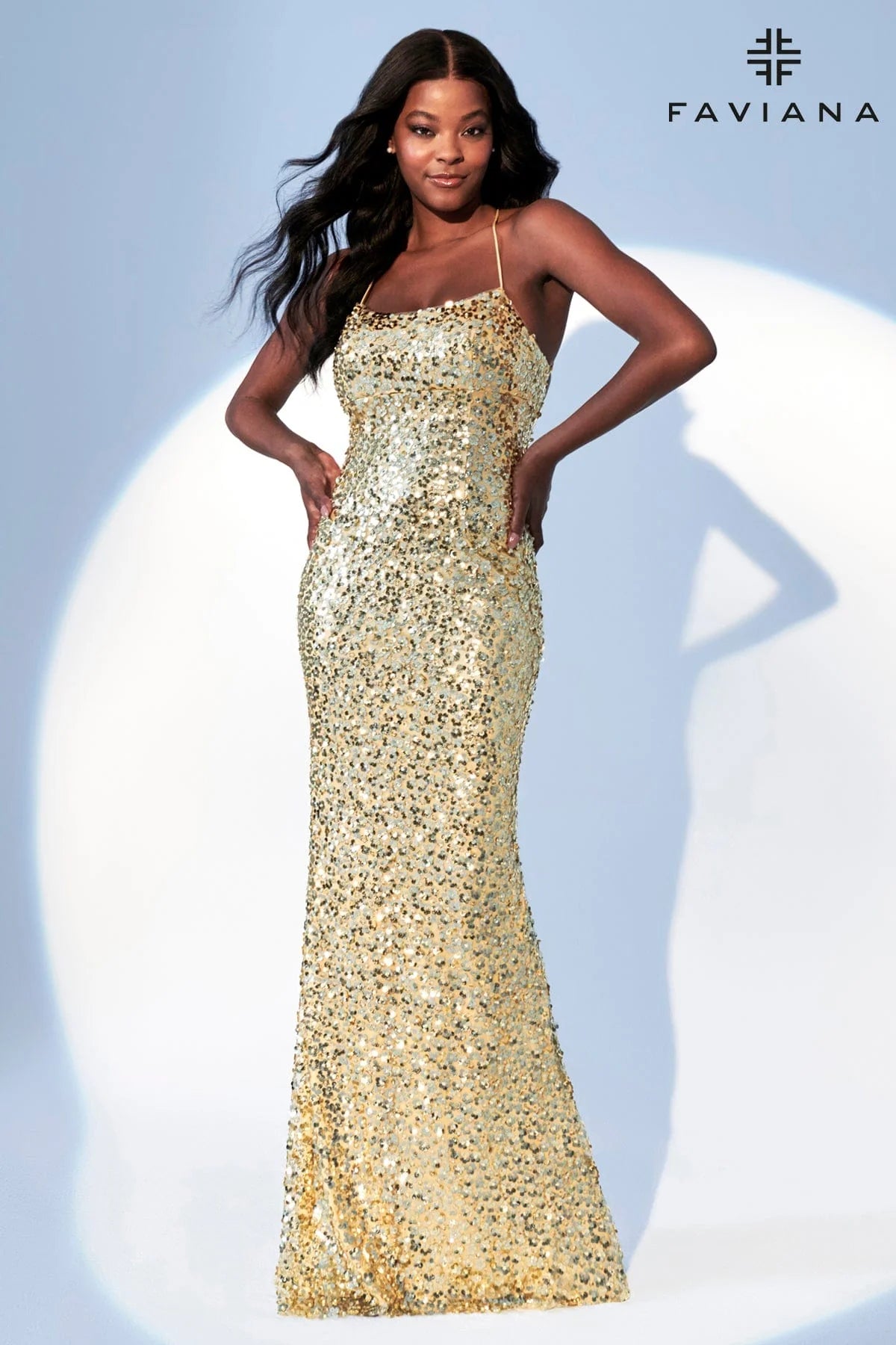 Gold Flower Sequin Fabric Scoop Neck Long Dress | 11033