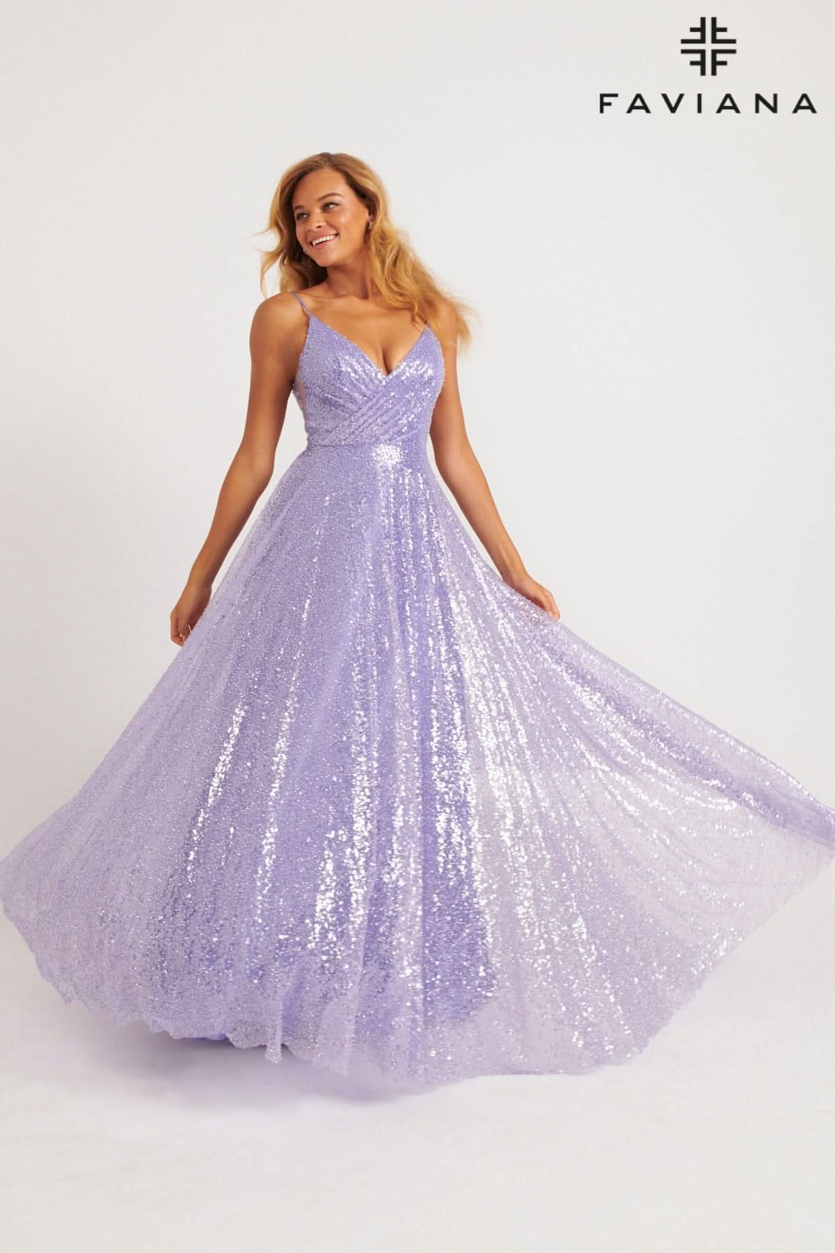 Lilac Shimmery Sequin A-Line Gown With Crossover V-Neck Detail | 11203