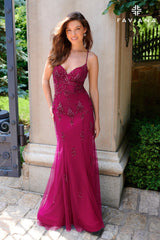 Raspberry Beaded Lace Long V Neck Dress With See-Through Mesh Paneling | 11227