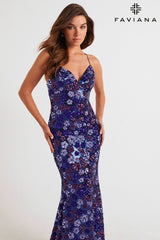 Purple Navy Sequin Prom Dress With Floral Aesthetic Design | 11000