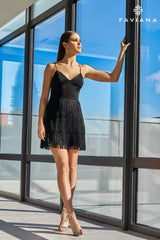 Black Satin Party Dress With Fringe Skirt