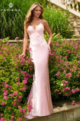 Light Pink Satin Long Dress With Beaded Lace Appliqué | 11002