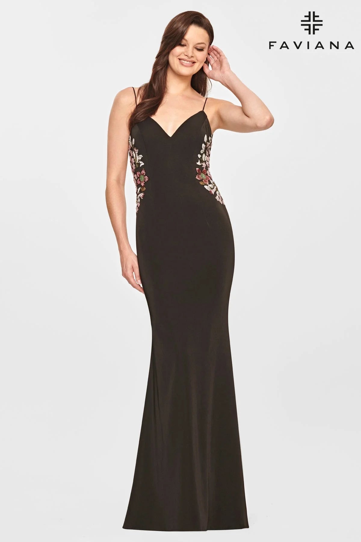 V Neck Long Sequin Applique Dress