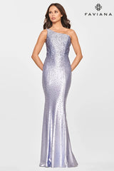 One Shoulder Long Dress With Beaded Rhinestones And Satin Fabric