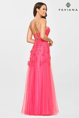 Hot Pink Long Tulle Prom Dress With Corset Bodice And Lace Appliqué | S10814