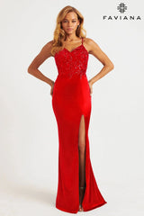 Red Sleek Satin Dress With Sequin Appliqué Bodice And Unique Lace-Up Open Back | 11200