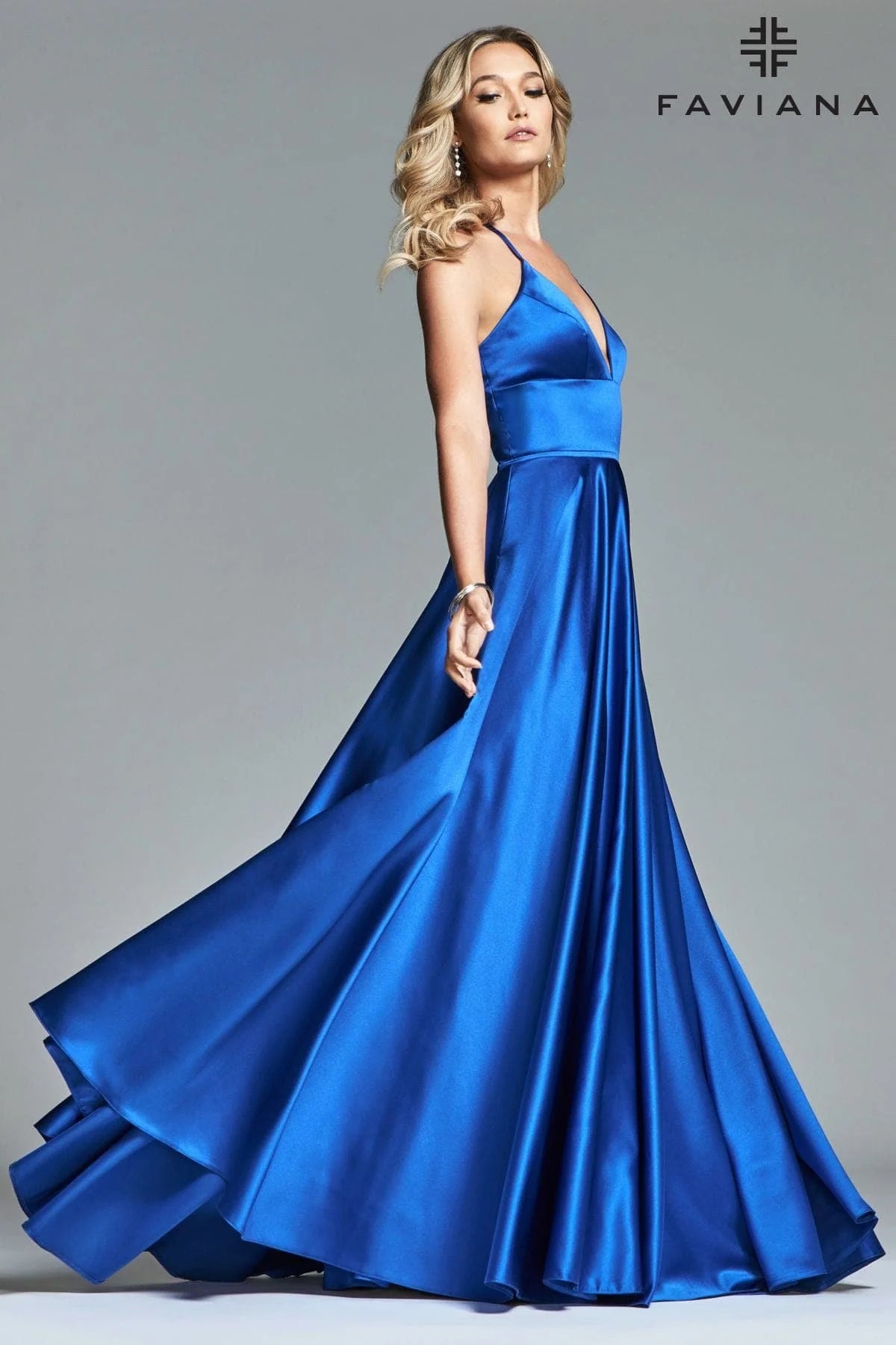 Satin Ballgown Dress With Lace Up Back And V Neck | S10252