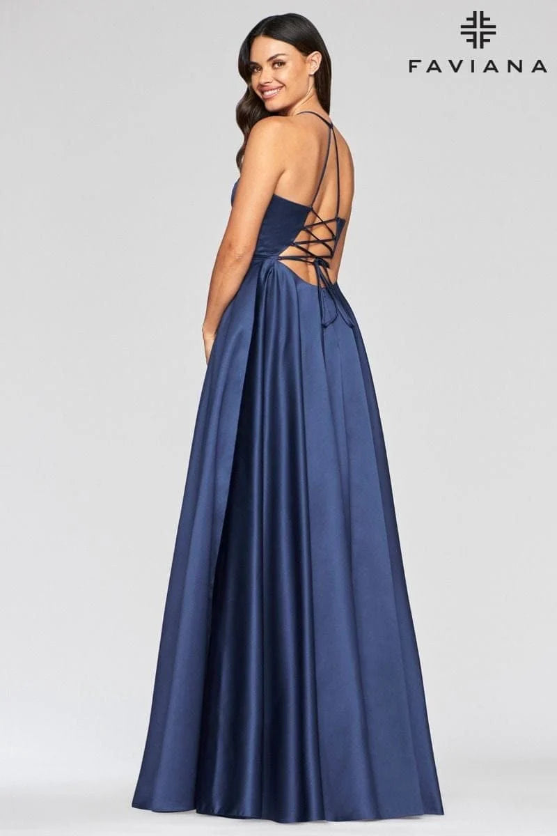 Satin Ballgown Dress With Lace Up Back And V Neck | S10252