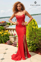 Red Scoop Neck Gown With Sequin Applique And Lace-Up Back | 11017