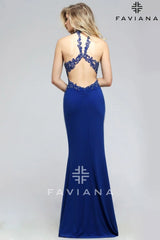 Jersey Halter Evening Dress With Lace Applique Bodice And Choker