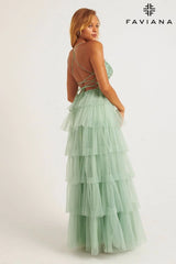 Tiered Pleated Tulle Long Dress With Lace V-Neck Bustier | 11231