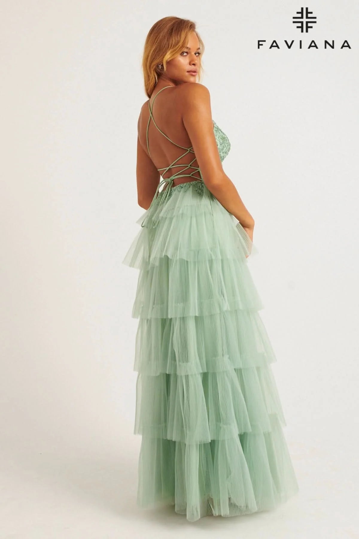 Sage Tiered Pleated Tulle Long Dress With Lace V-Neck Bustier | 11231