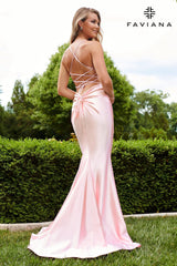 Light Pink Satin Scoop Neck Dress With Sequin Applique And Lace Up Back | E11201