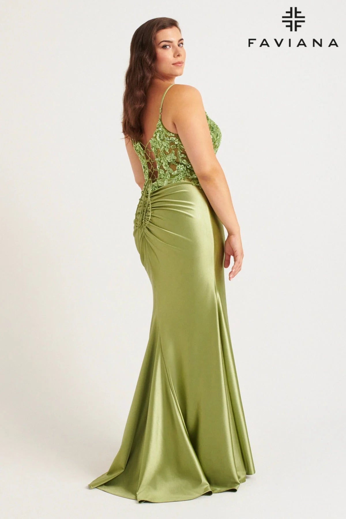 Plus Size Stretch Satin Gown With Bustier Sequin Appliqué | 9563