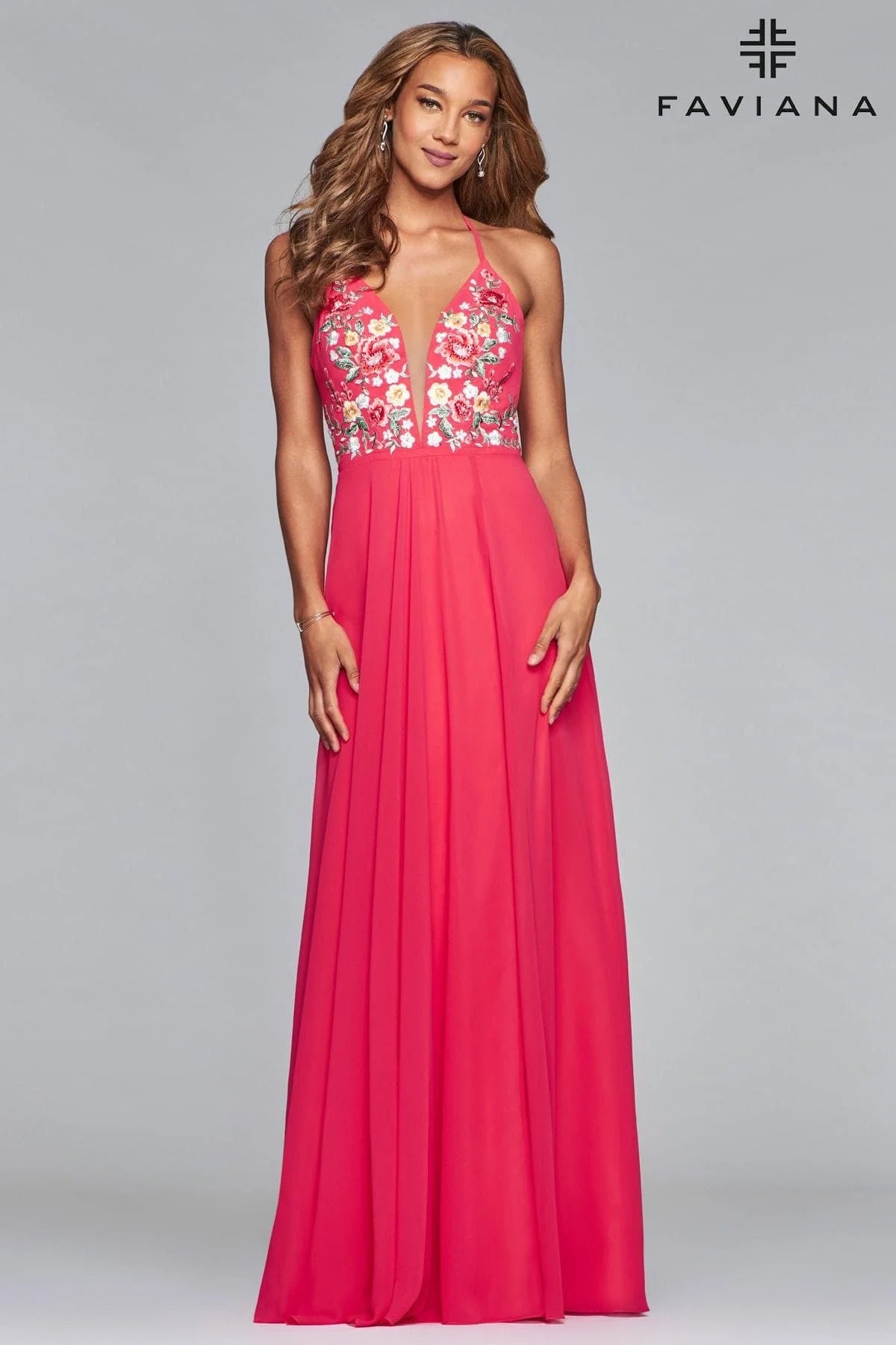 V Neck Long Chiffon Dress With Floral Embroidered Bodice