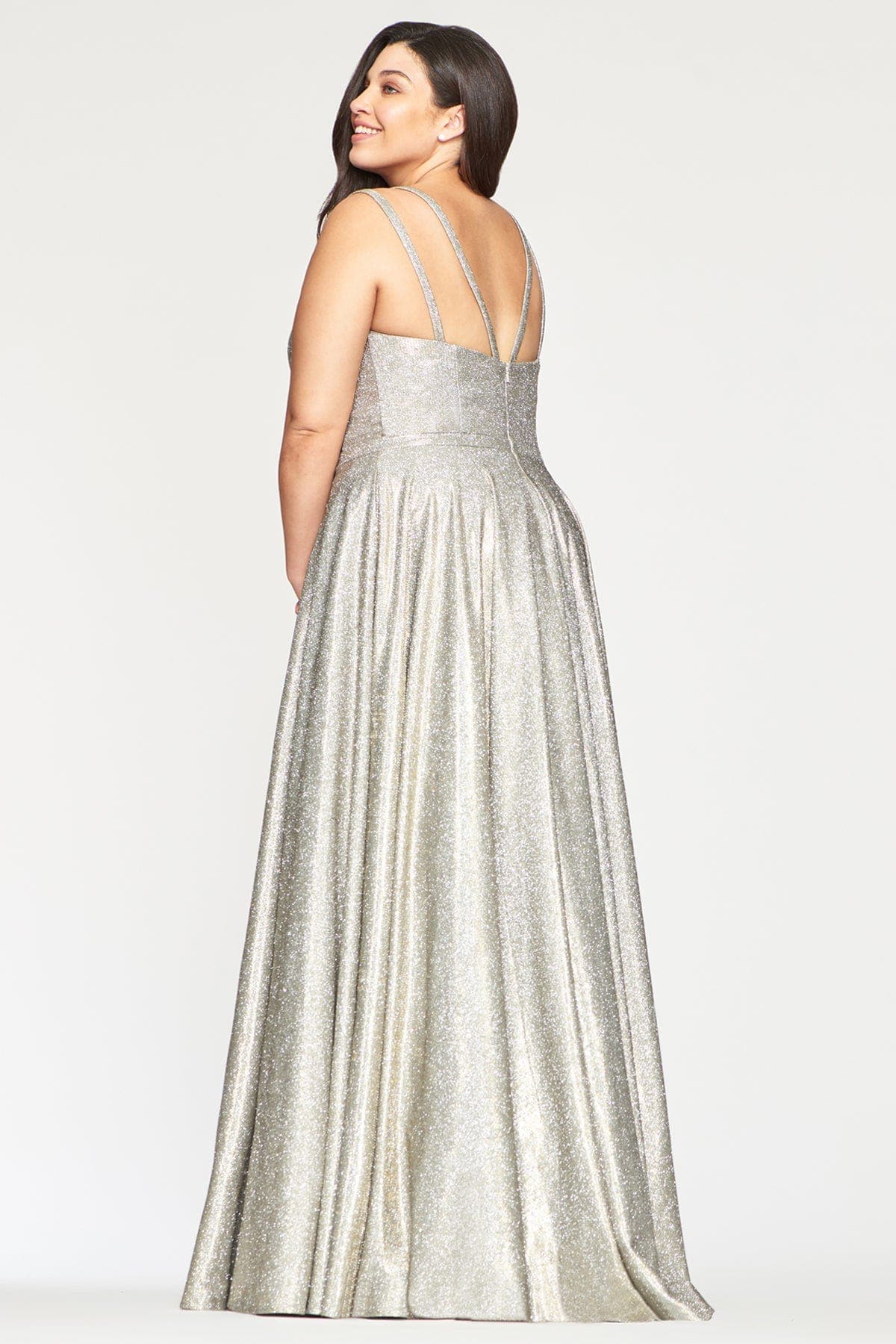 Plus Size Long Jersey V Neckine Dress With Metallic Fabric